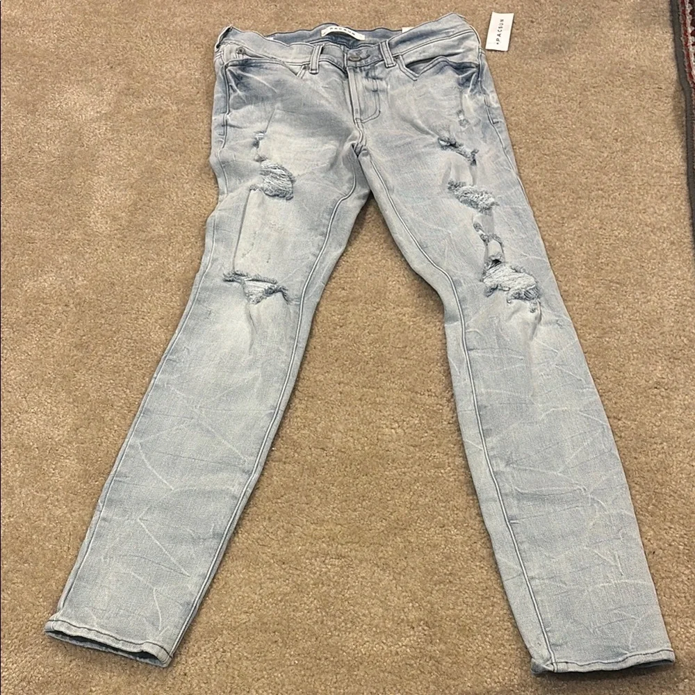 Light Blue Distressed Men's Pacsun  Jeans distroyed stack jeans skinny stretch - Picture 2 of 7